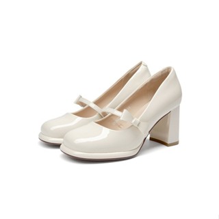 DUSTO Giày Mary Jane Gót Bèo 7.5cm Cao Gót Mũi Tròn Quai Ngang Có Nơ Mặt Bóng Thanh Lịch DW25C0158A