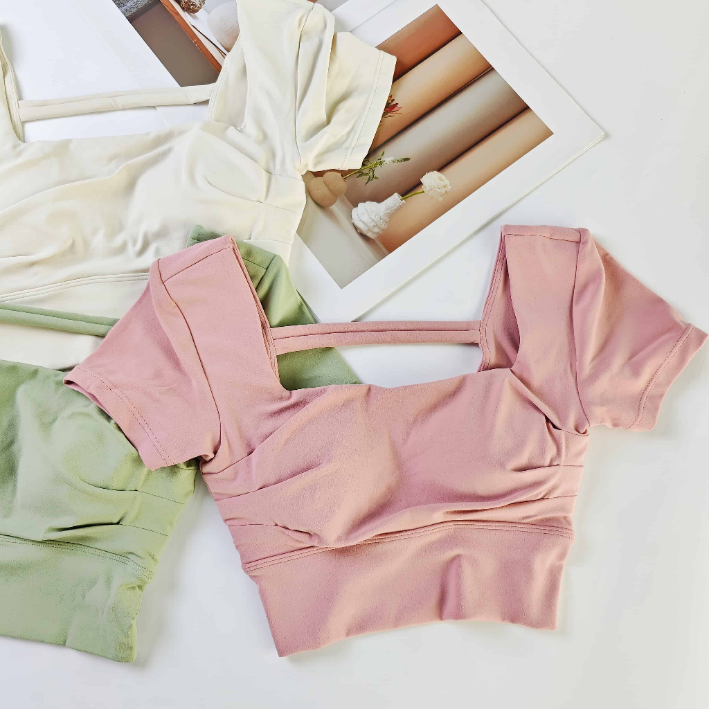 Fumeng Áo tập Yoga ngắn tay hở mặt trước mới