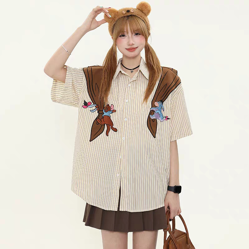 Bonnie Cathy Áo sơ mi Retro sọc hoạt hình, phù hợp mùa hè