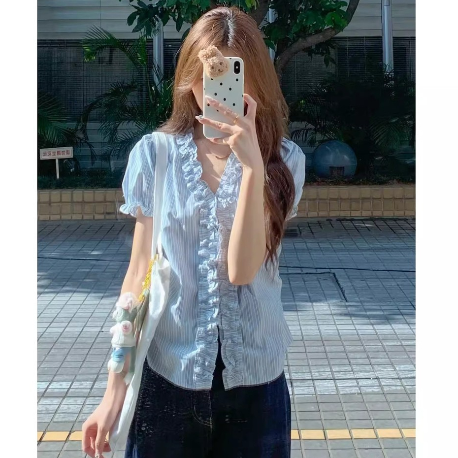 Kii Wii Áo sơ mi ngắn tay sọc xanh cổ điển dành cho nữ mùa hè 250730 | BigBuy360 - bigbuy360.vn