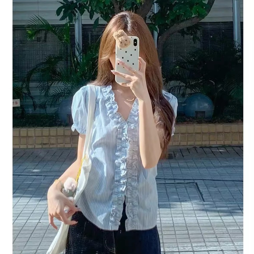 Kii Wii Áo sơ mi ngắn tay sọc xanh cổ điển dành cho nữ mùa hè 250730 | BigBuy360 - bigbuy360.vn