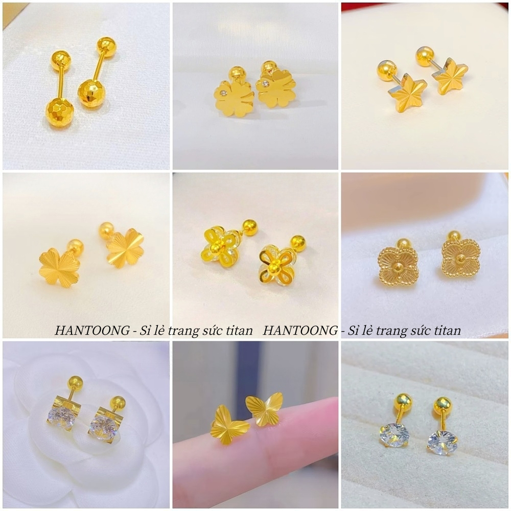 Bông tai titan cao cấp không gỉ mạ vàng 24k hình cỏ 4 lá may mắn nhiều kiểu dáng trẻ trung