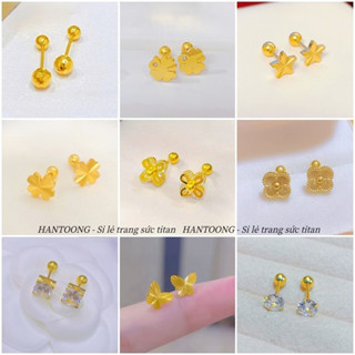 Bông tai titan cao cấp không gỉ mạ vàng 24k hình cỏ 4 lá may mắn nhiều kiểu dáng trẻ trung