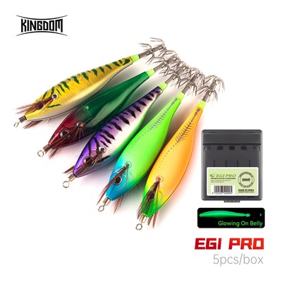 Bộ Mồi Câu Cá Kingdom EGI Set 5 cái 65mm và 75mm, Mồi Huỳnh Quang Phát Sáng UV, Thiết Kế Mô Phỏng Thân Tôm Mực