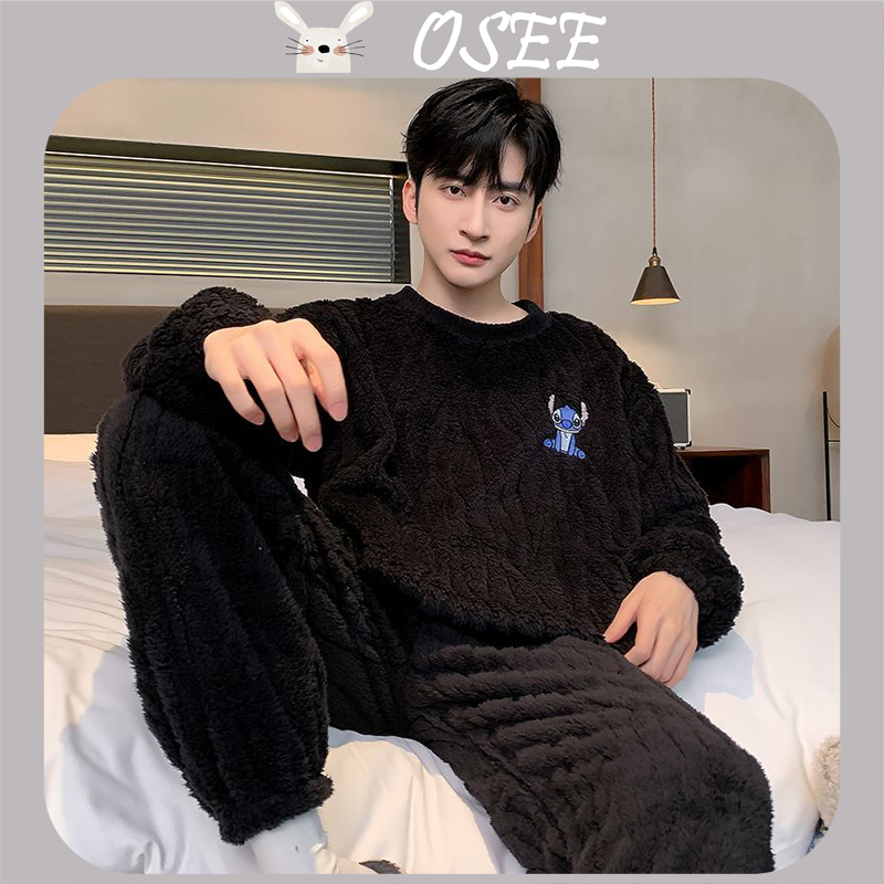 [OSEE] Bộ đồ ngủ nam bằng vải fleece san hô, bộ ấm áp dày cho mùa thu và mùa đông, đồ mặc nhà mùa đô