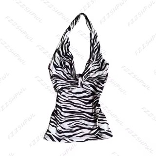  Y2K retro thời trang ngựa vằn in cổ chữ V cổ treo giảm béo phong cách đường phố Áo hai dây nữ 