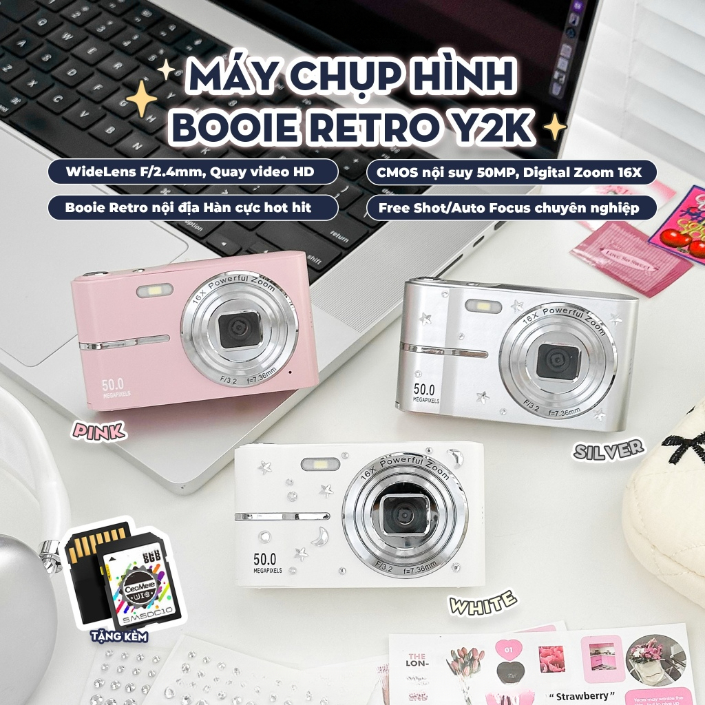 Máy ảnh kĩ thuật số digital Booie Retro Korea Camera - quay, chụp 50MP, siêu gọn