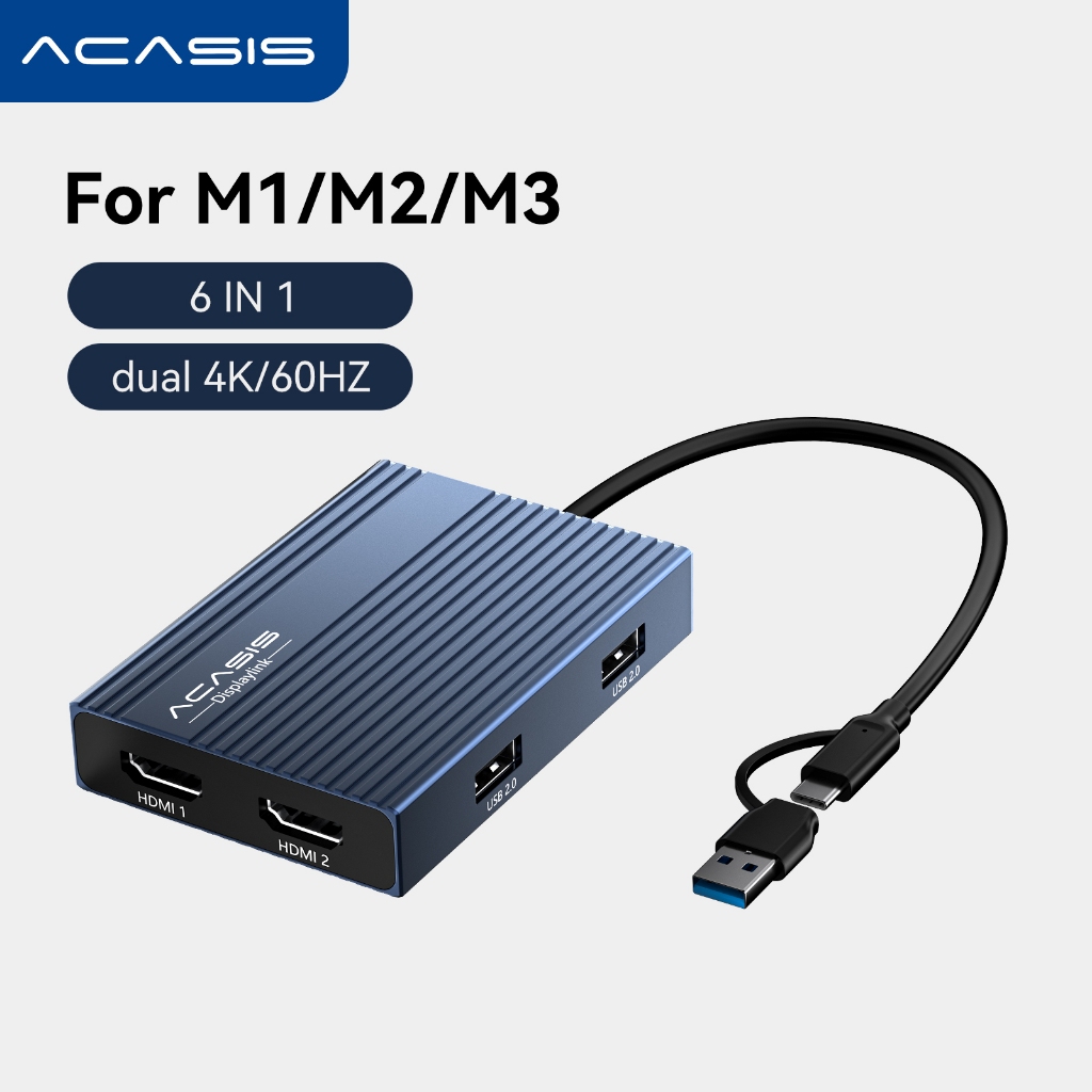 Bộ chuyển đổi liên kết hiển thị USB C 6 trong 1 ACASIS Docking 4K @ 60Hz, 2 cổng HDMI & 3 cổng USB-A