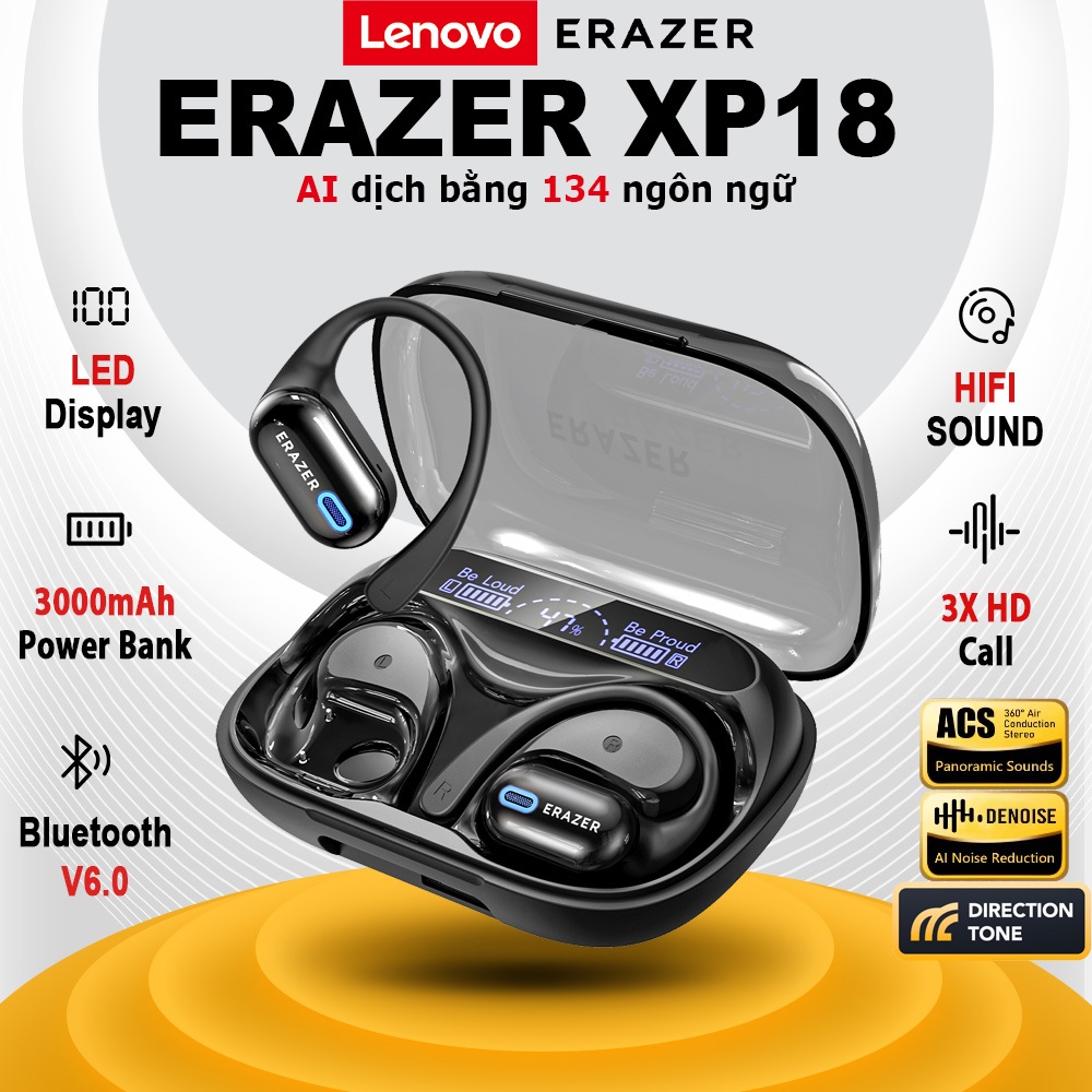 Lenovo ERAZER XP18 3000mAh Power Bank Tai nghe Bluetooth V6.0 Al tai nghe dịch thuật LED Màn hình kỹ thuật số Tai nghe không dây Cuộc gọi 3X HD Tai nghe thể thao | BigBuy360 - bigbuy360.vn
