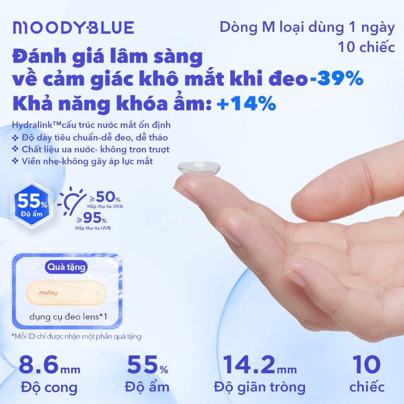 [Set 10 chiếc] Kính áp tròng trong suốt không màu moody, lens dùng một lần, 14.2mm, có độ cận (1-10)