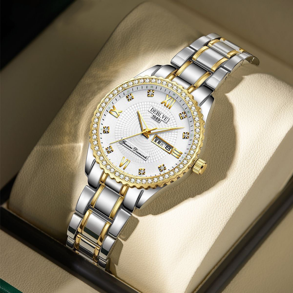 DEBLVE Sang Trọng Lịch Kép Kim Cương Đồng Hồ Thạch Anh Thông Thường Cho Nữ Thép Không Gỉ Thời Trang 