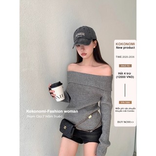  KOKONOMI Áo sweater Tay Dài Lệch Vai Kiểu Vintage Cá Tính Cho Nữ 