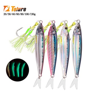 Tolure Mới Jig Mồi 20g 30g 40g 60g 80g 100g 130g 1PC Đúc Dài Câu Cá Jig Dụ 3D In Hình Thân Dạ Quang Câu Cá Biển Jigging Với Thìa Và Móc