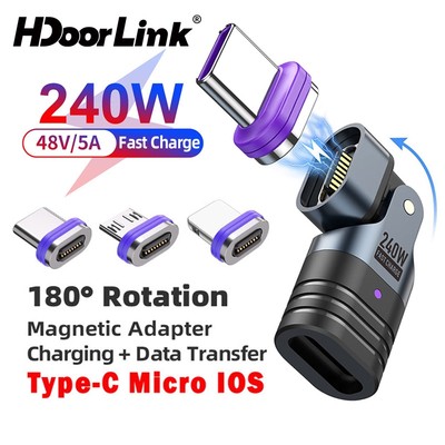 HdoorLink PD240W USB C Bộ sạc từ tính 16Pin USB C sang Type C Bộ chuyển đổi dữ liệu Khuỷu tay 180° Bộ chuyển đổi sạc nhanh Micro USB IOS có thể xoay được