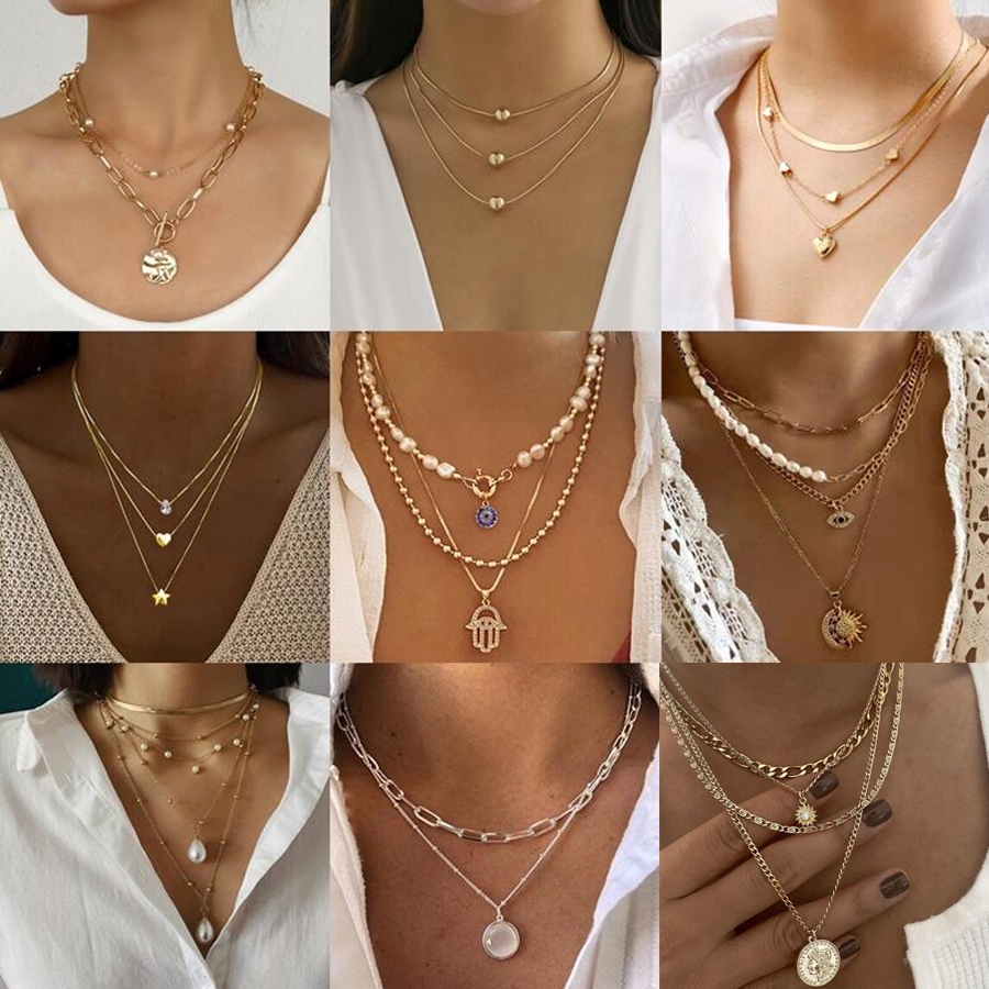 Vintage Nhiều Lớp Ngọc Trai Ác Mắt Mặt Dây Chuyền Vòng Cổ Choker Dây Xích Tuyên Bố Trang Sức Nữ Ngày Lễ Quà Tặng