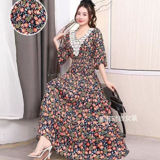 Thhone Đầm maxi Vải Lanh cotton Tay Ngắn Cổ Chữ v Phối Ren Hoa Phong Cách boho Hàn Quốc Cho Nữ