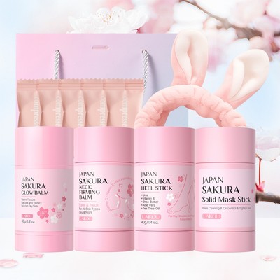 Bộ quà tặng chăm sóc da LAIKOU Sakura: Que đa năng (Mặt / Cổ / Chân) + Que mặt nạ rắn + Dây buộc tóc & Khăn – Dưỡng ẩm sâu & Làm sáng da