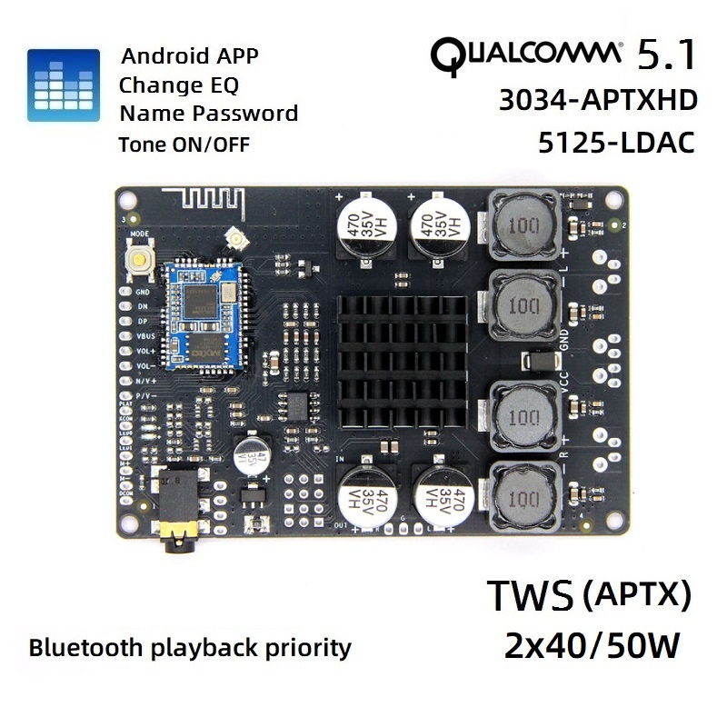 APP Đổi tên mật khẩu EQ Bluetooth 5.1 Qualcomm LDAC QCC5125 APTXHD QCC3034 với bảng khuếch đại công 