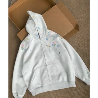  MISSEABBR Cardigan nữ có dây kéo thêu Hoodie dày mùa thu dáng rộng thoải mái 