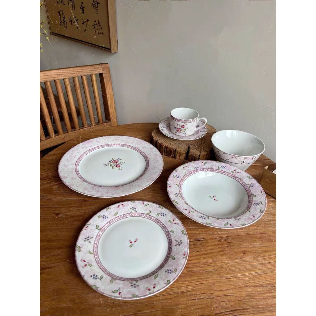 Xuất Khẩu Cuối Đặt Hàng Cổ Điển Màu Hồng In Hoa Hồng Nhỏ Bít Tết Đĩa Ăn Đĩa Sâu Bát Cà Phê Đĩa Pasta