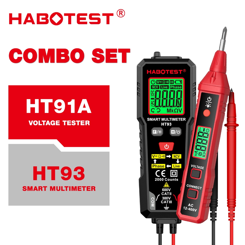 HABOTEST HT91A + HT93 Đồng hồ vạn năng kỹ thuật số AC / DC Votage hiện tại Máy kiểm tra tự động Ohm 