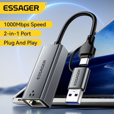 Essager 1000Mbps Type C + USB 3.0 Bộ chuyển đổi Ethernet sang RJ45 Gigabite Ethernet cho Windows 、 Mac OS 、 Linux