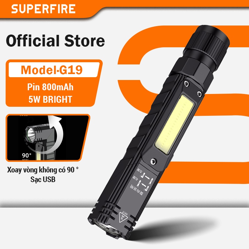Đèn LED COB SUPERFIRE G19 siêu sáng chống nước có thể sạc lại bằng cổng USB tiện dụng