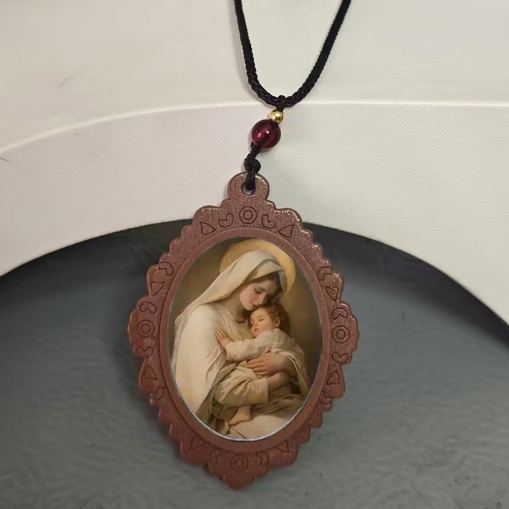 Vintage Virgin Mary Mother Child Locker Vòng cổ có đế gỗ - Trang sức tôn giáo