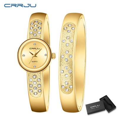 CRRJU Mới Đồng Hồ Nữ Thương Hiệu Chính Hãng Vàng Sang Trọng Thép Không Gỉ Mặt Số Nhỏ Có Vòng Tay Thạch Anh Phong Cách Thời Trang Và Cao Cấp Analog Chống Thấm Nước 5051