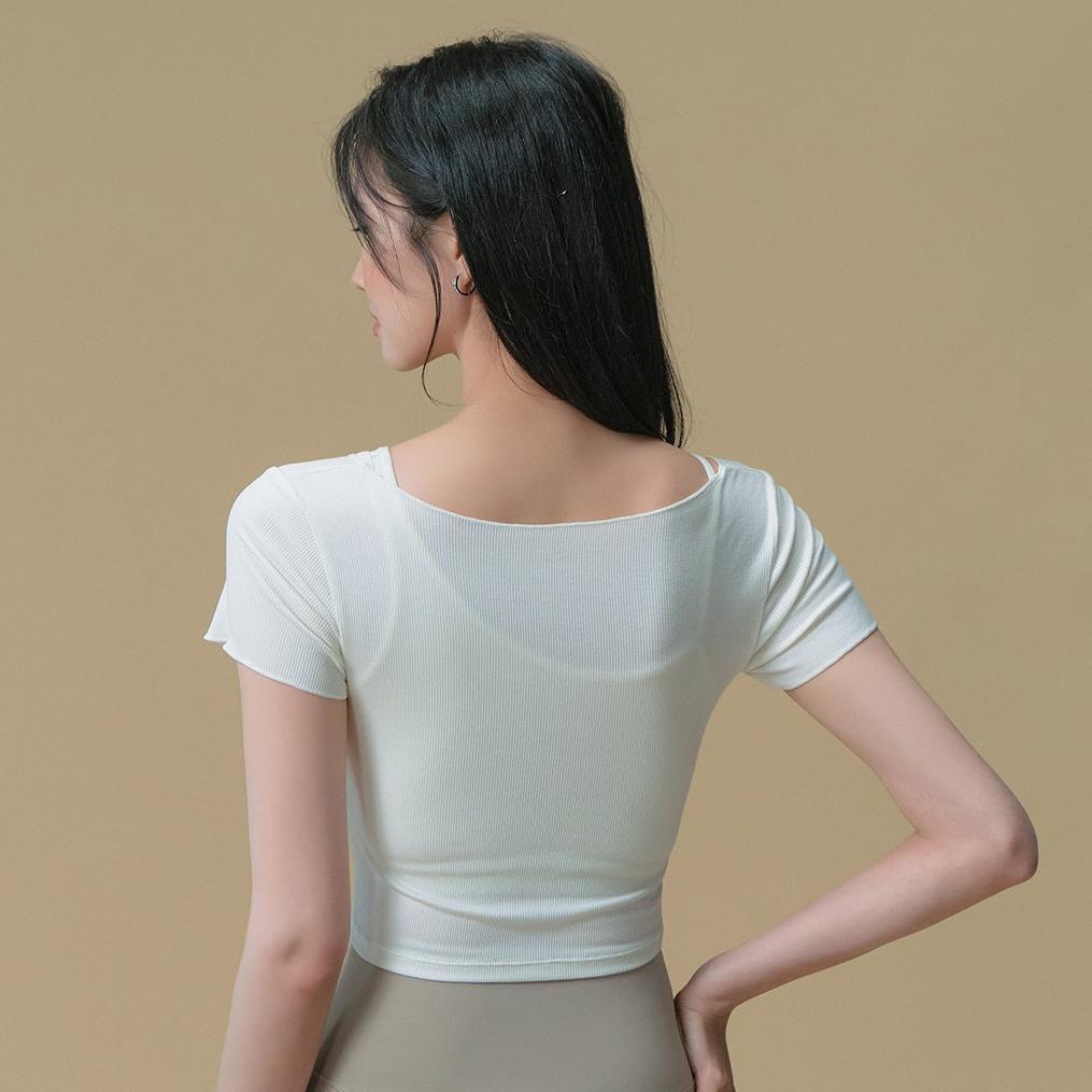 Áo ngắn tay cổ chữ U Fumeng mới 2025