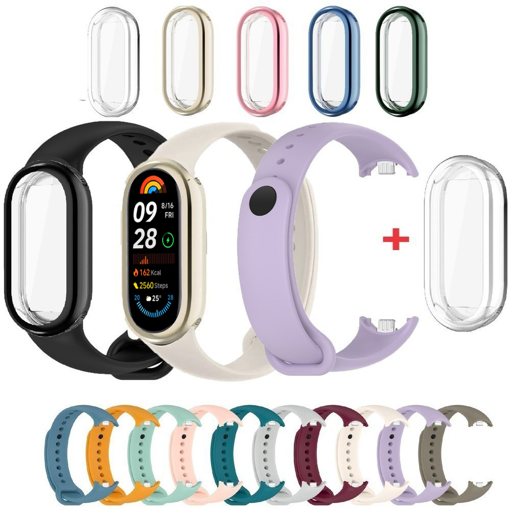 Dành Cho Xiaomi Smart Band 10 9 8 NFC Dây Đeo Silicon + Ốp Lưng TPU Cho Mi Band 10 9 8 MiBand Mềm Chống Thấm Nước 2 Trong 1 Dây Thể Thao Mạ Mềm Sáng Bóng Mỏng Full Cover