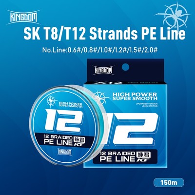 Dây câu Kingdom SK T8 / T12 150m 8 / 12 Dây PE bện 0.6 # 0.8 # 1.0 # 1.2 # 0.5 # 2.0 # 12-38LB Độ mịn cao Màu xanh Multifiber PE Line Công suất cao Siêu mịn
