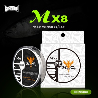 Dây câu mỏng hơn Kingdom MX8 Micro Fly 100m / 150m 4 dây PE bện 0,2 # 0,4 # 0,6 # 9-12LB Siêu cứng và nhập khẩu mạnh Dòng cá chất lượng tốt nhất cho dây câu cá chép