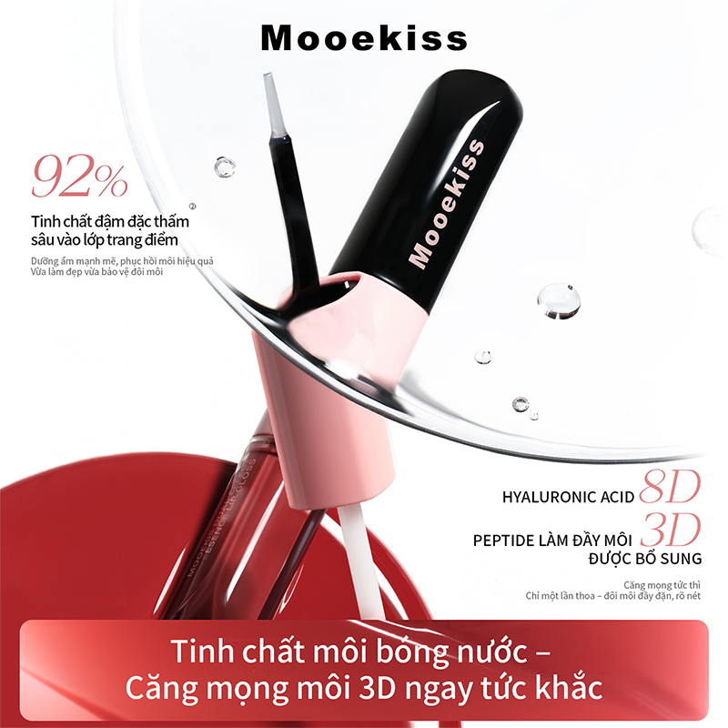 Son kem hai đầu Mooekiss thiết kế 2 trong 1 gồm đầu lì và đầu bóng, chứa 92% tinh chất dưỡng ẩm, giữ môi mềm suốt 8 giờ 6ml | BigBuy360 - bigbuy360.vn