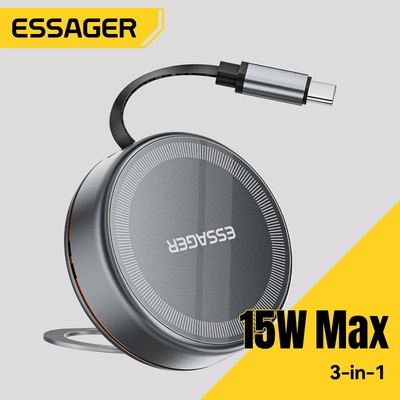 Bộ sạc không dây từ tính Essager 15W Sạc 3 trong 1 cho điện thoại / đồng hồ / tai nghe cáp có thể thu vào