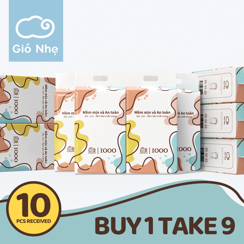 [Gió Nhẹ]Hộp 10 túi khăn giấy dây rút treo tường nhiều màu hàng đầu 1280 tờ,dập nổi 4D, siêu mềm