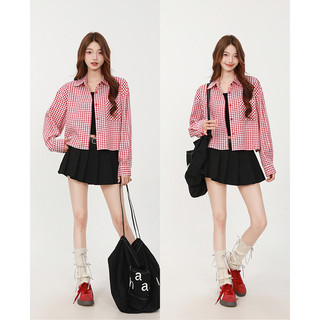  Áo sơ mi caro đỏ dáng ngắn cardigan chống nắng cho mùa hè 