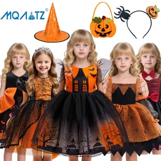  MQATZ Halloween Cosplay Đầm Cho Bé Gái Lễ Hội Trang Phục Bí Ngô Ma Dơi Họa Tiết Váy Dự Tiệc Màu Đen Cam AWS080 