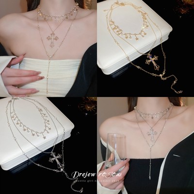 Vòng cổ hình ngôi sao chéo đính kim cương DREZEW, phù hợp với áo len cổ điển Châu Âu - Mỹ, phụ kiện nhẹ nhàng sang trọng