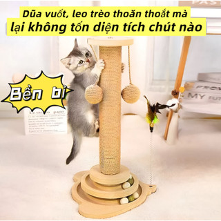 Cây Cào Móng Mèo Đứng Gỗ Tự Nhiên – Trụ Cào Móng Sợi Đay Gai Bền Bỉ, Đồ Chơi Mèo Kèm Bóng Lắc Lư