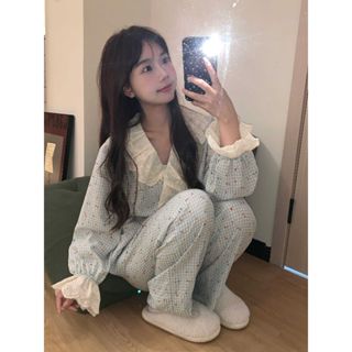   TPNY Bộ đồ ngủ cotton nguyên chất thiết kế ren và kẻ sọc dài tay phù hợp mùa xuân thu 