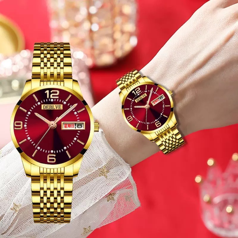 [Hộp miễn phí] DEBLVE Đồng hồ đeo tay thanh lịch kép sang trọng thời trang dành cho nữ bằng thép khô