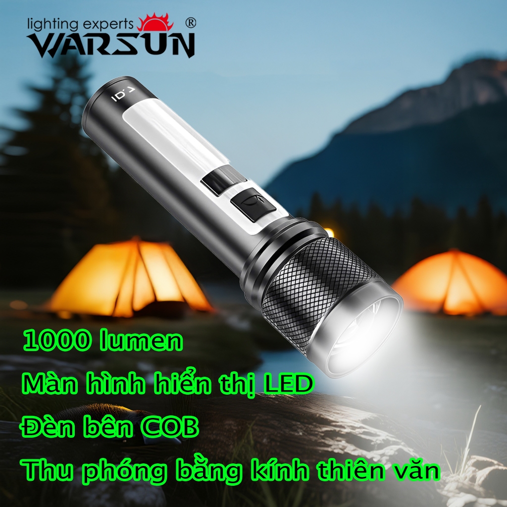 WARSUN ID7 đèn pin siêu sáng LED 1000 lumens chống nước zoom pin bền siêu lâu cho cắm trại ngoài trờ