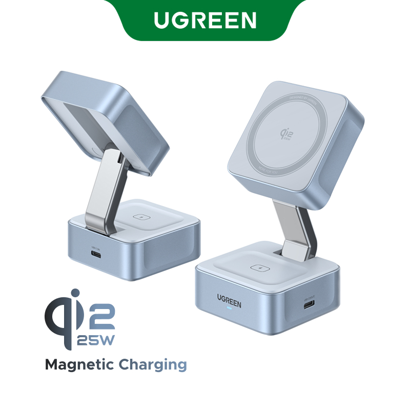 [Qi2 25W] Bộ sạc không dây MagFlow 2 trong 1 UGREEN Giá đỡ có thể gập lại Hộp vuông nhỏ 25W Sliver T
