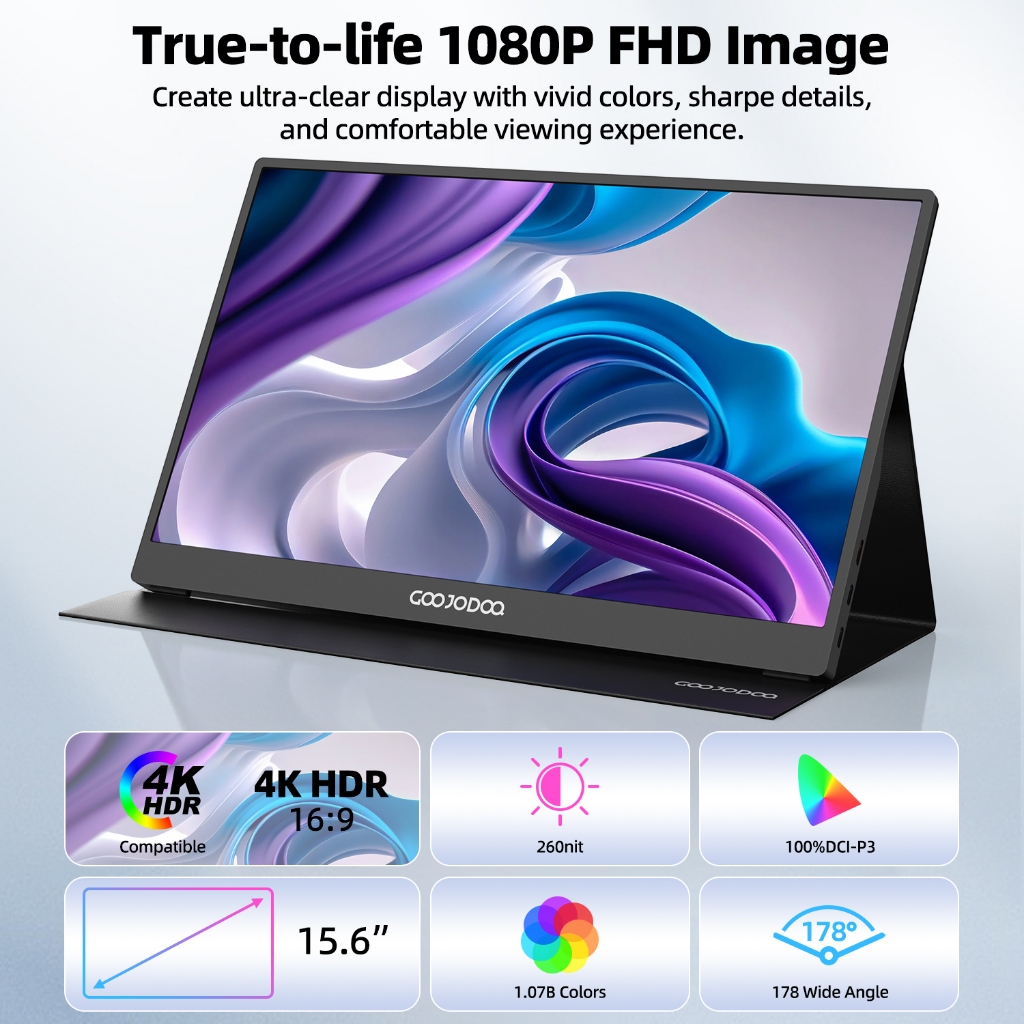GOOJODOQ 15.6 '' 1920 * 1080P Màn hình di động có thể cảm ứng 4K với màn hình IPS Full HD Loa âm thanh nổi kép Góc nhìn rộng | BigBuy360 - bigbuy360.vn