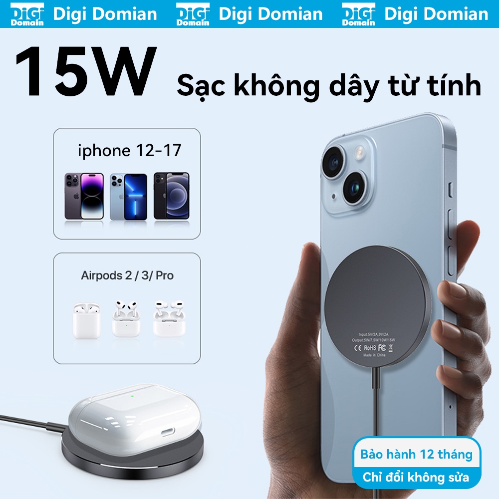 Sạc không dây từ tính Digi Sạc không dây 15W cho iPhone 17 pro Max, AirPods