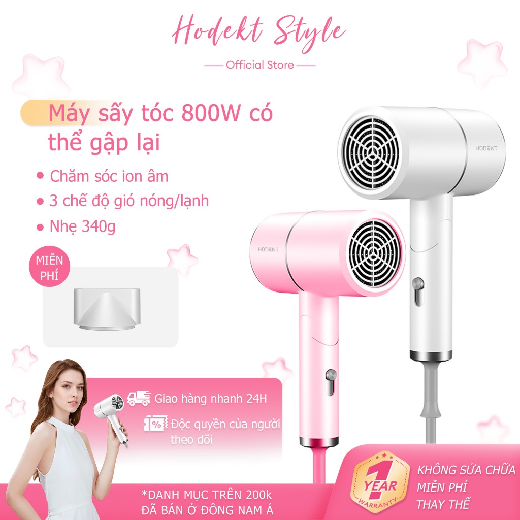 Máy Sấy Tóc Mini HODEKT Gấp Gọn 3 Chế Độ Gió Nóng Lạnh Di Động Đèn Ánh Sáng Xanh Bảo Vệ Tóc
