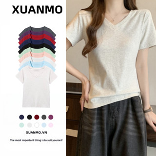XUANMO Local brand Áo baby tee Áo Thun ôm body Áo y2k 100% cotton Áo phông ngắn tay cổ chữ V vai trước áo tôn dáng dễ phối tôn dáng phong cách Hàn Quốc mẫu mới mùa hè cho nữ sành điệu