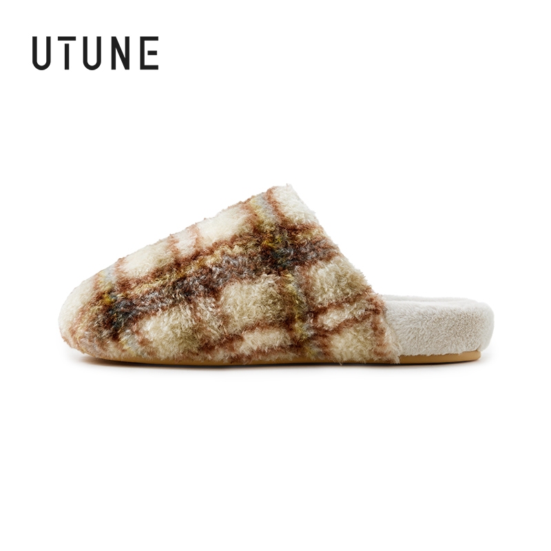 UTUNE Dép Cotton Trong Nhà Retro Checkered Dày Đế Sang Trọng Ngón Chân Dép Chống Trơn Trượt Mềm Mại 