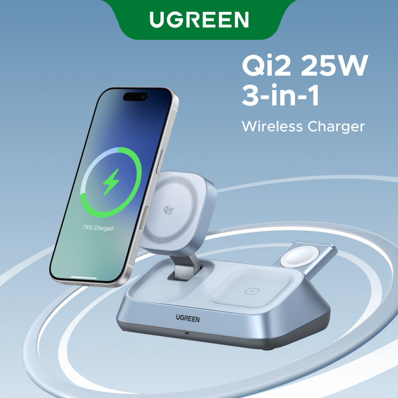 [Qi2 25W] Bộ sạc không dây UGREEN 3 trong 1 25W MagFlow Qi 2 cho iPhone 17 16 15 14 Pro Max AirPods 